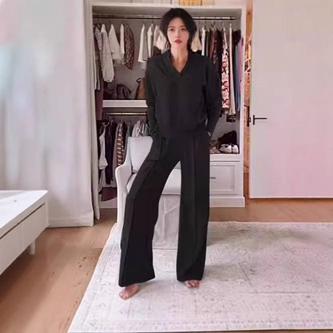 New Product Spring And Autumn Independent Station New Casual Collar Long-Sleeved Loose Top Wide-Leg Pants Two-Piece Set