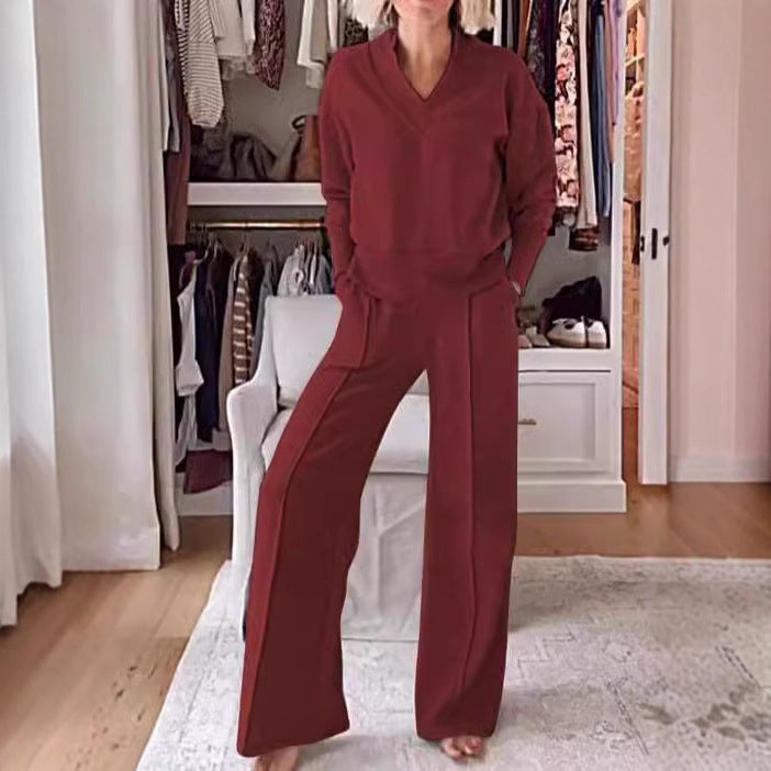 New Product Spring And Autumn Independent Station New Casual Collar Long-Sleeved Loose Top Wide-Leg Pants Two-Piece Set